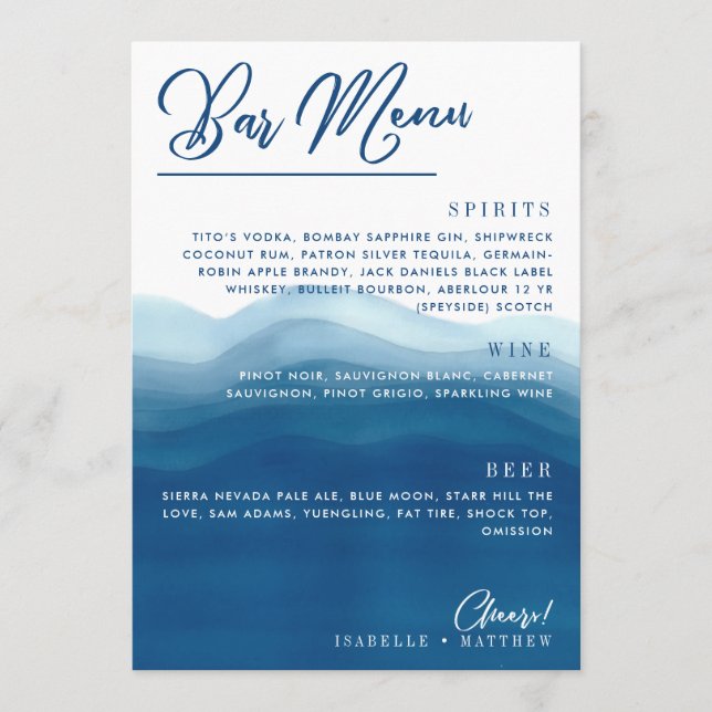 Blue Watercolor Wave Bar Wedding Menu Menükarte (Vorderseite)