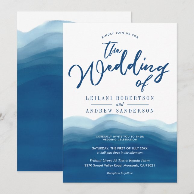 Blue Watercolor Wave | Einladung zur Hochzeit (Vorne/Hinten)