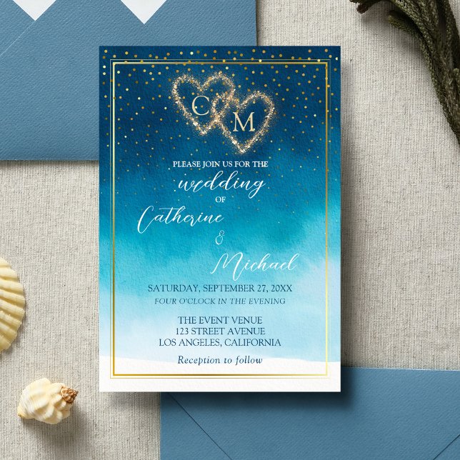 Blue Watercolor Waves mit Monogramm Hochzeit Einladung (Von Creator hochgeladen)