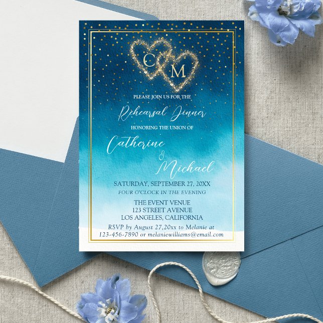 Blue Watercolor Waves mit Monogramm Hochzeit Einladung (Von Creator hochgeladen)