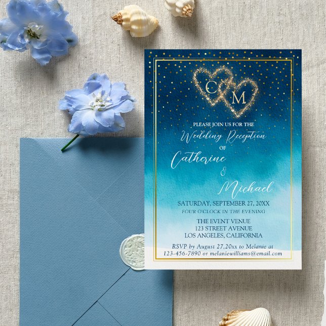 Blue Watercolor Waves mit Monogramm Hochzeit Einladung (Von Creator hochgeladen)