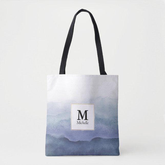 Blue Watercolor Waves Monogram Tote Bag (Vorderseite)