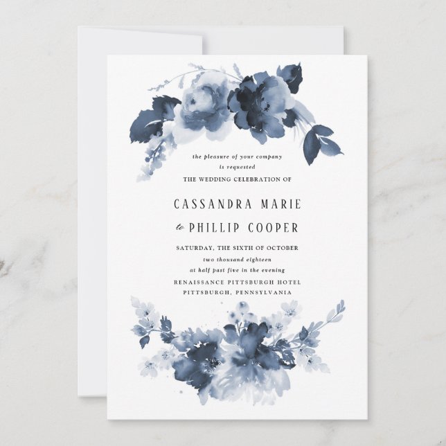 Blue Watercolor Wedding Invitation Suite Einladung (Vorderseite)