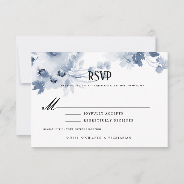 Blue Watercolor Wedding RSVP mit Essensauswahl Karte (Vorderseite)