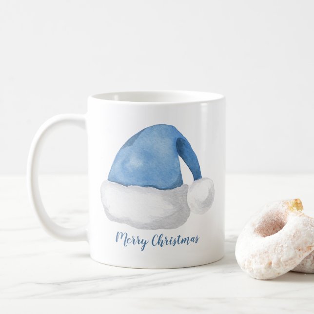 Blue Watercolor Weihnachtsmannmütze Personalisiert Kaffeetasse (Mit Donut)