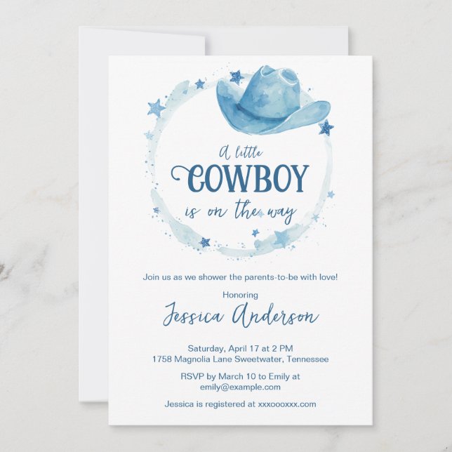 Blue Watercolor Western Cowboy Hat Baby Shower  Einladung (Vorderseite)