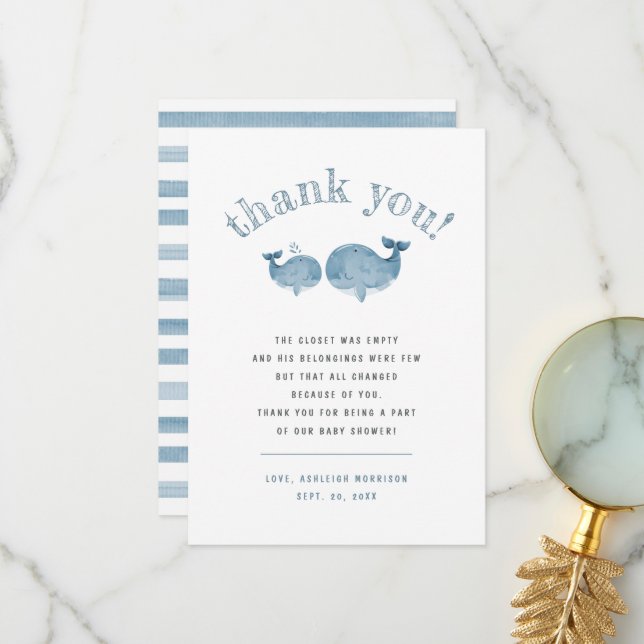 Blue Watercolor Whale Boy Baby Dusche Danke (Vorderseite/Rückseite Beispiel)