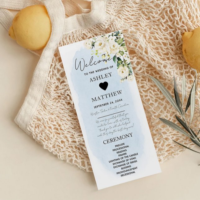 Blue Watercolor White Rose Hochzeitsprogramm (Von Creator hochgeladen)