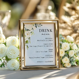 Blue Watercolor White Rose Wedding Drink Menü Schi Poster