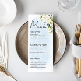 Blue Watercolor White Rose Wedding Menu Platzkarte Menükarte