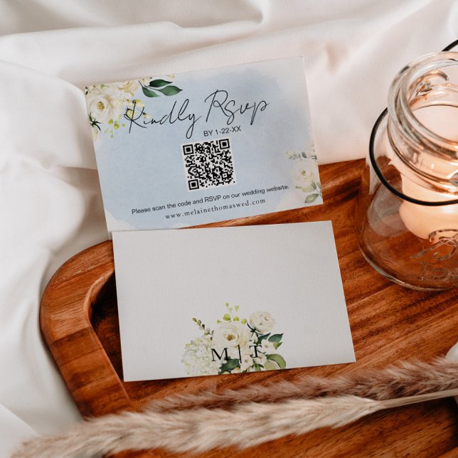 Blue Watercolor White Rose Wedding RSVP Card Save The Date (Von Creator hochgeladen)