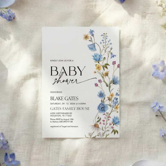 Blue Watercolor Wildflower Baby Shower Einladung (Von Creator hochgeladen)