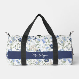 Blue Watercolor Wildflower Monogram Duffle Bag