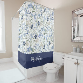 Blue Watercolor Wildflower Monogram Name Duschvorhang