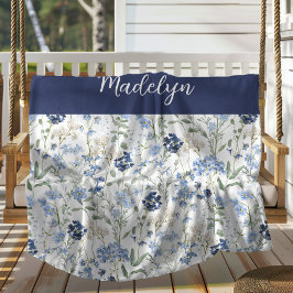 Blue Watercolor Wildflower Monogram Name Fleecedecke