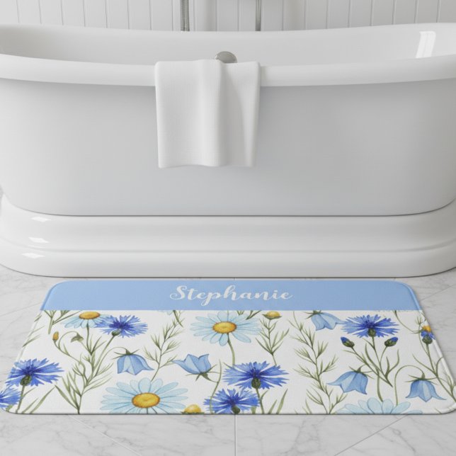 Blue Watercolor Wildflower Personalized Badematte (Von Creator hochgeladen)