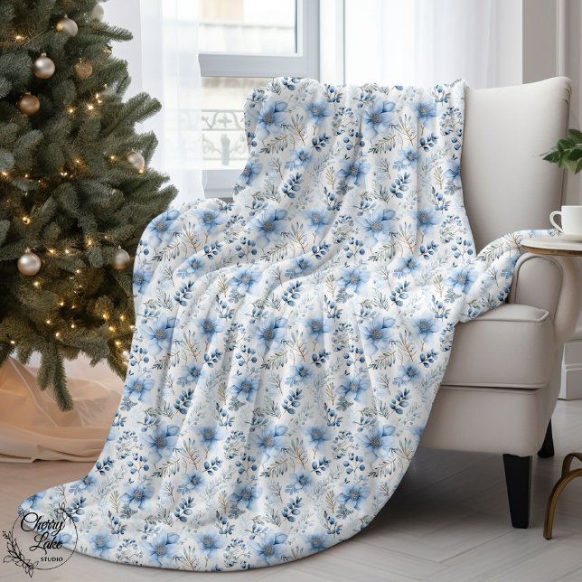 Blue Watercolor Winter Florals Sherpadecke (Von Creator hochgeladen)