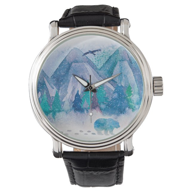Blue Watercolor Winter Mountain Landscape Art Armbanduhr (Vorderseite)