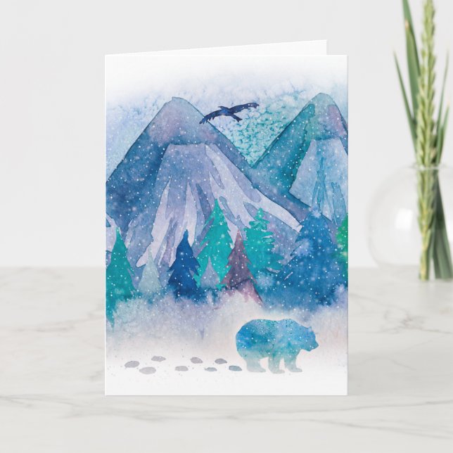 Blue Watercolor Winter Mountain Landscape Art Karte (Vorderseite)