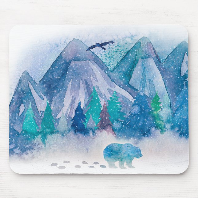 Blue Watercolor Winter Mountain Landscape Art Mousepad (Vorne)