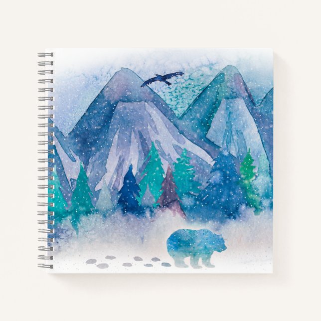 Blue Watercolor Winter Mountain Landscape Art Notizbuch (Vorderseite)