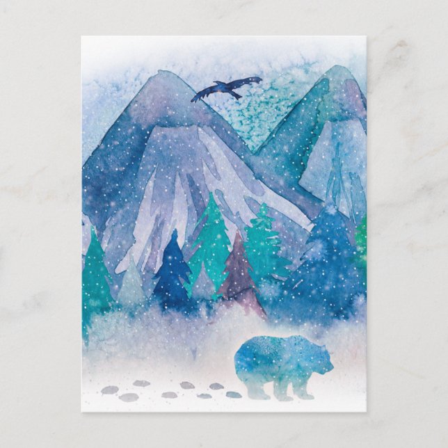 Blue Watercolor Winter Mountain Landscape Art Postkarte (Vorderseite)
