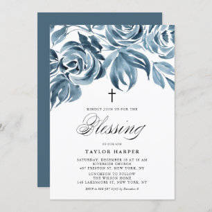 Blue Watercolor Winter Rose Bouquet Taufe Invit Einladung