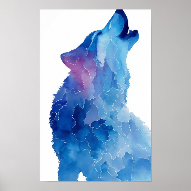 Blue watercolor wolf howling poster (Vorne)