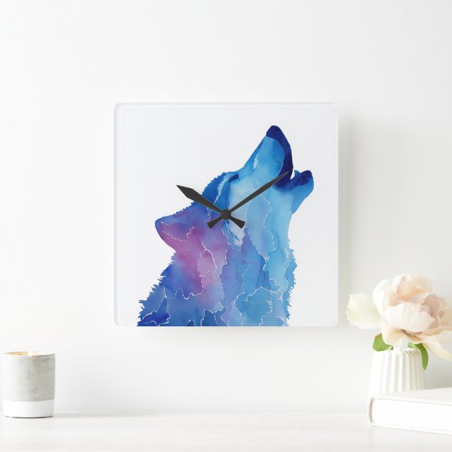 Blue watercolor wolf howling quadratische wanduhr (Zuhause)