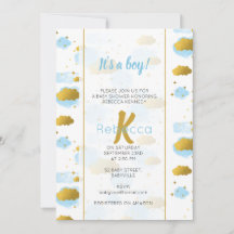 Blue Watercolor Wolken Gold Stars Sky Baby Dusche
