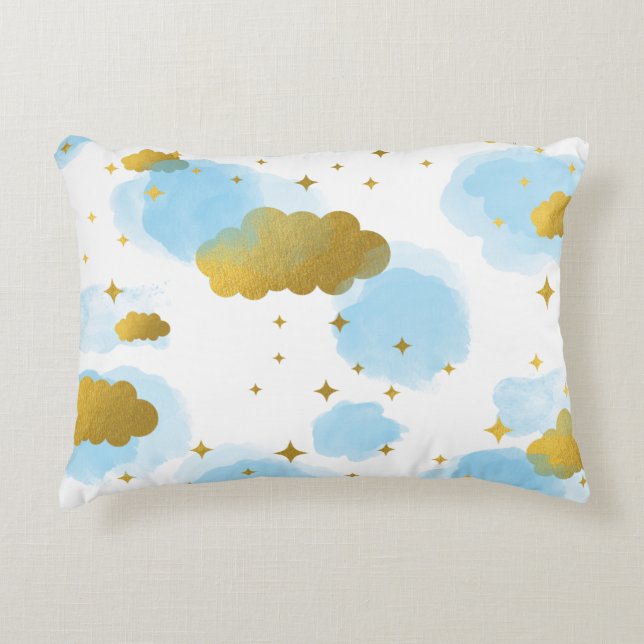Blue Watercolor Wolken Gold Stars Sky Dekokissen (Vorderseite)