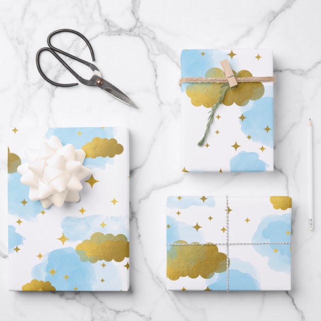 Blue Watercolor Wolken Gold Stars Sky Geschenkpapier Set (Vorderseite)