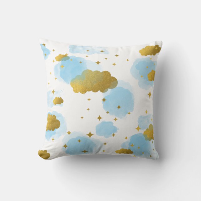 Blue Watercolor Wolken Gold Stars Sky Kissen (Vorderseite)