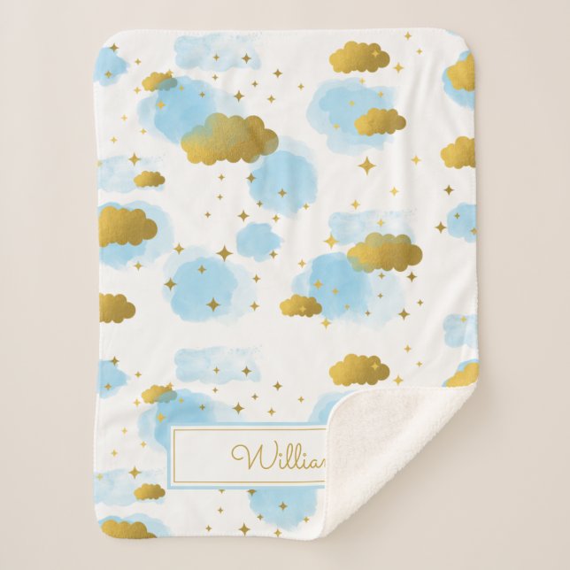 Blue Watercolor Wolken Gold Stars Sky Sherpadecke (Vorderseite)