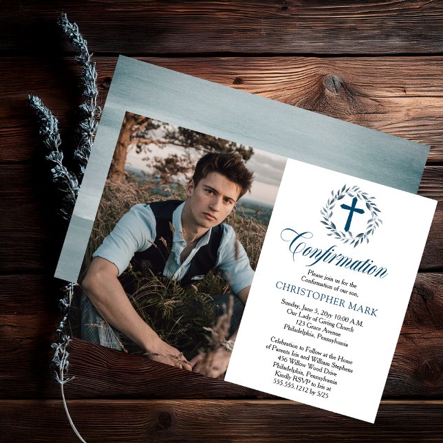 Blue Watercolor Wreath Boy Foto Bestätigung Einladung (Blue Watercolor Wreath Boy Photo Confirmation Invitation - Print | Digital Download)