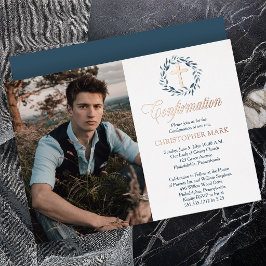 Blue Watercolor Wreath Boy Foto Bestätigung Folieneinladung