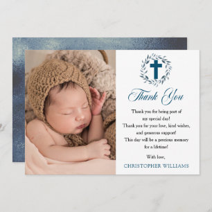 Blue Watercolor Wreath Boy Foto Taufe Vielen Dank Dankeskarte