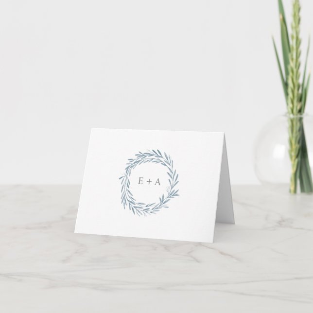 Blue Watercolor Wreath Monogram gefaltet Danke (Vorderseite)