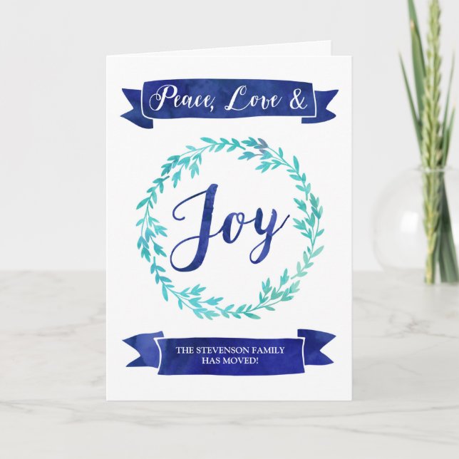 Blue Watercolor Wreath Weihnachten Neue Adresse (Vorderseite)