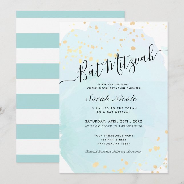 Blue Watercolor x Gold Spritzer Bat Mitzvah Einladung (Vorne/Hinten)