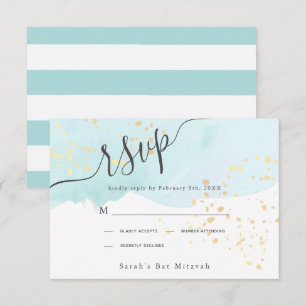 Blue Watercolor x Gold Spritzer Bat Mitzvah RSVP Karte
