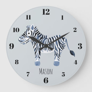 Blue Watercolor Zebra Safari Kinderzimmer Name Große Wanduhr
