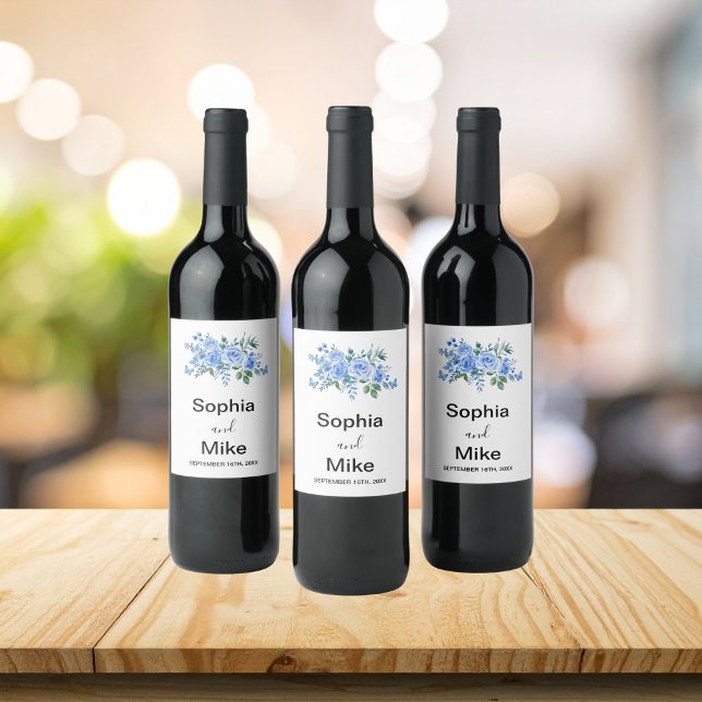 Blue Watercolour Floral and Butterflies Wedding  Weinetikett (Von Creator hochgeladen)