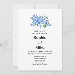 Blue Watercolour Floral Butterflies Wedding Einladung