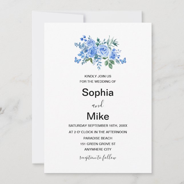 Blue Watercolour Floral Butterflies Wedding Einladung (Vorderseite)