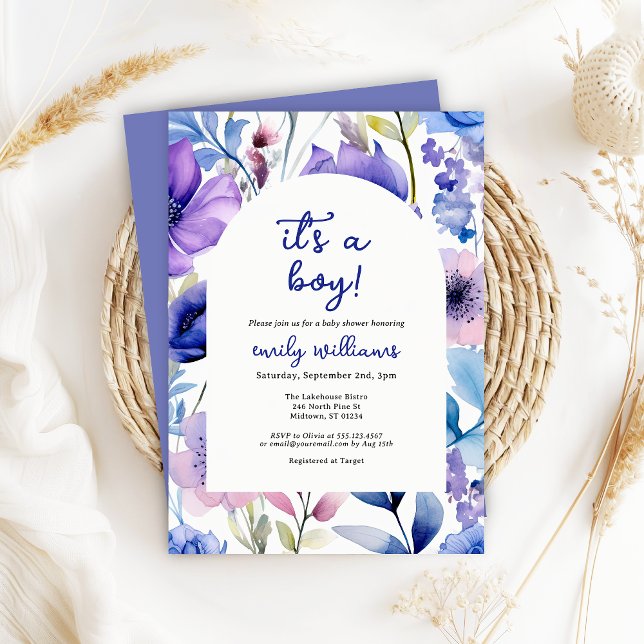 Blue Watercolour Wildflower Its a Boy Baby Shower Einladung (Von Creator hochgeladen)