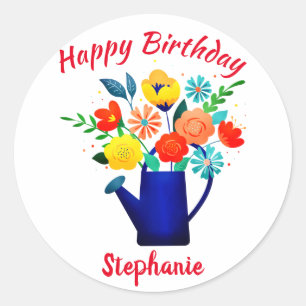 Blue Watering Pot Yellow Red Blume Happy Birthday Runder Aufkleber