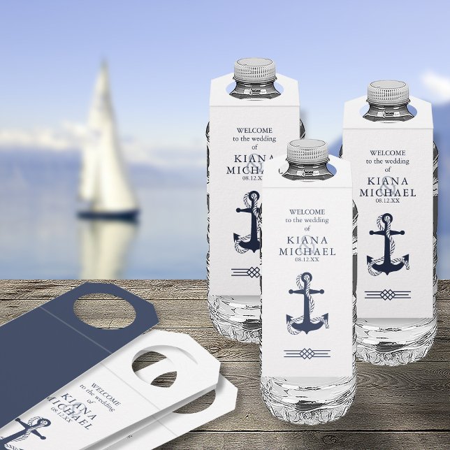 Blue Wave Anchor Wedding Navy/Wht ID836 Flaschenanhänger (Front/Back In Situ)