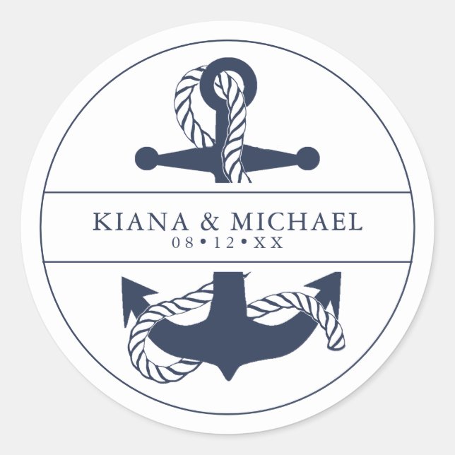 Blue Wave Anchor Wedding V2 Navy/Wht ID836 Runder Aufkleber (Vorderseite)