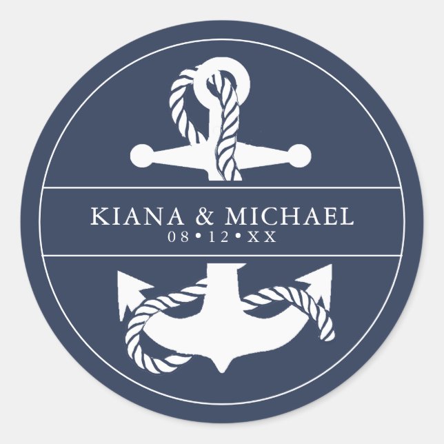 Blue Wave Anchor Wedding V2 Wht/Navy ID836 Runder Aufkleber (Vorderseite)